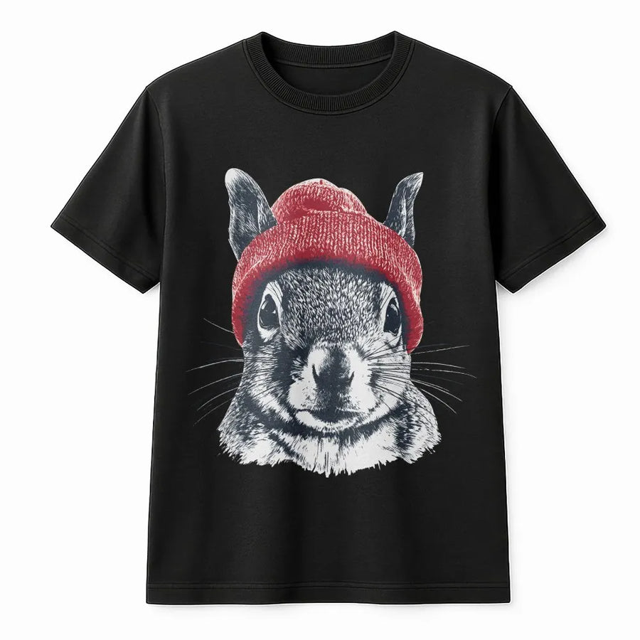 Squirrel T-Shirt | Retro Wildlife Art with Red Beanie | Cozy Cotton Blend Pullover | Gift for Animal Lover