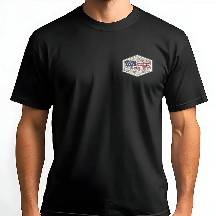 Patriotic Camo Flag T-Shirt | Minimalist Hexagon USA Chest Graphic | Premium Soft Cotton | Unisex Veteran Gift for 4th of July