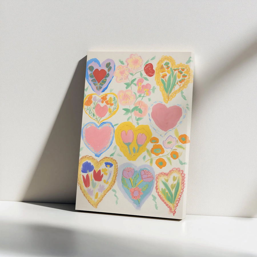 Colorful Floral Hearts Wall Art | Whimsical Watercolor Style Canvas | Premium 1.25-Inch Gallery Wrap | Cute Aesthetic Decor for Bedroom or Living Room