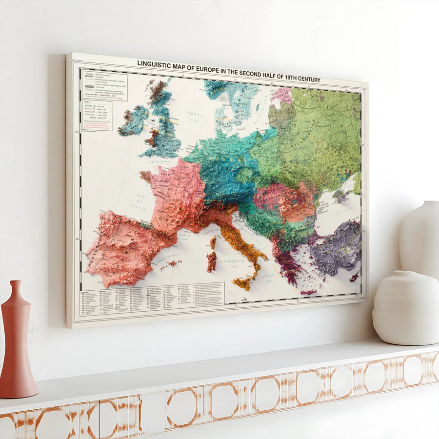 Linguistic Map of 19th Century Europe | 3D Shaded Relief Historical Cartography | Premium Gallery-Wrapped Canvas | Wall Art for History Buffs & Educators