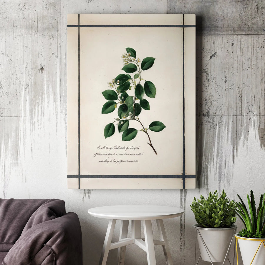 Romans 8:28 Bible Verse Wall Art | Botanical Flower Illustration | Gallery Quality Canvas Print | Christian Home Decor Gift