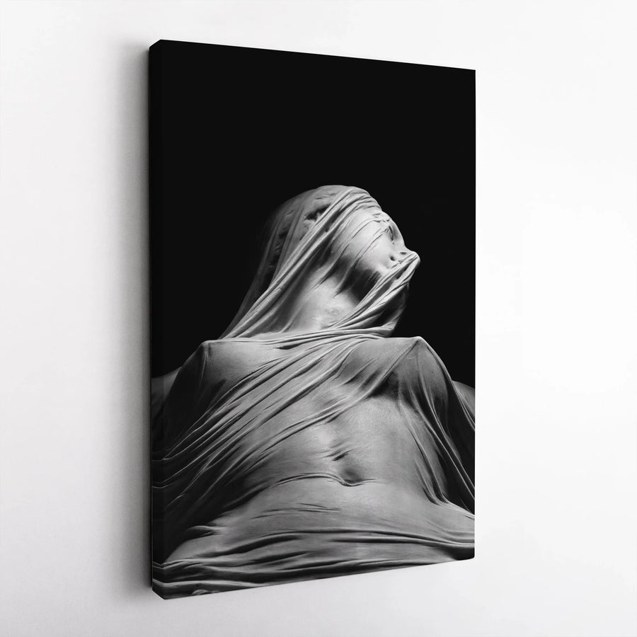 Veiled Figure Wall Art | Moody Black and White Marble Statue Aesthetic | Premium Gallery-Wrapped Canvas | Modern Minimalist Home Decor Gift