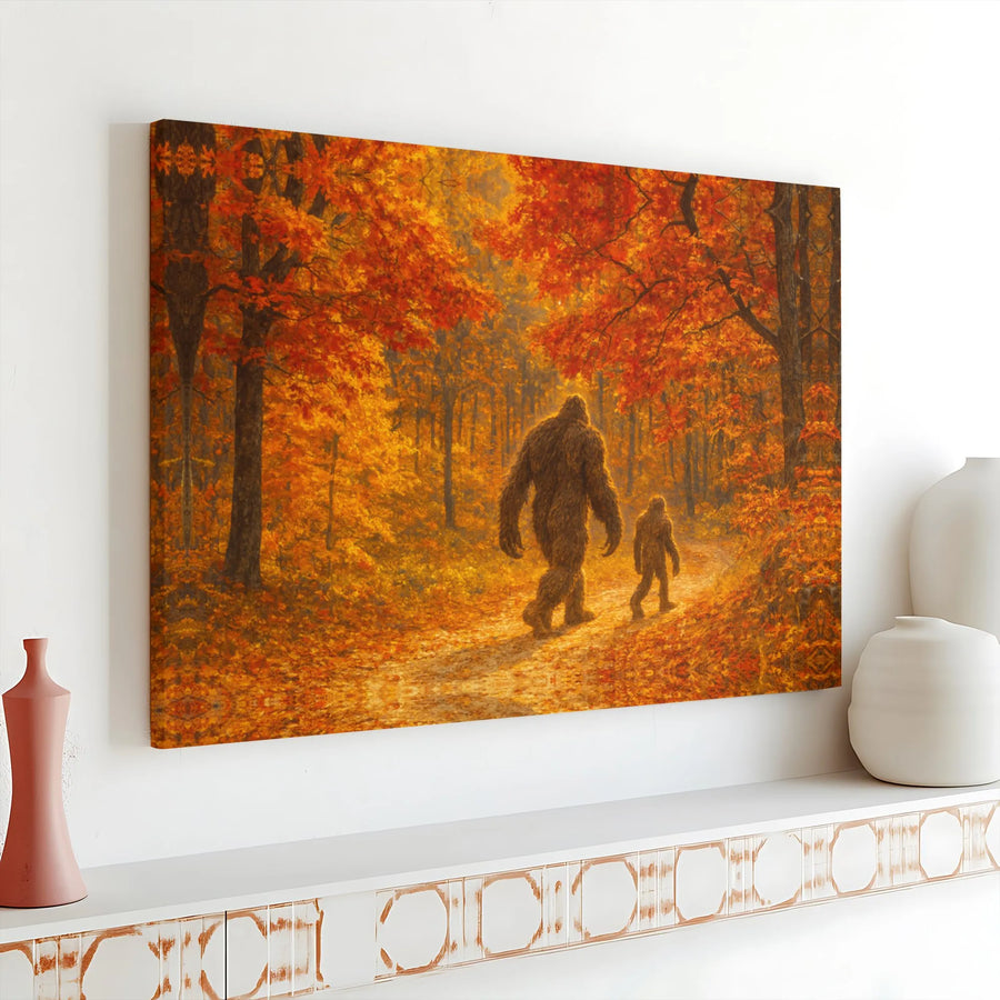 Bigfoot and Baby Sasquatch Canvas Art | Autumn Forest Nature Print | Premium Gallery Wrap Decor | Gift for Cryptid Lover Enthusiast