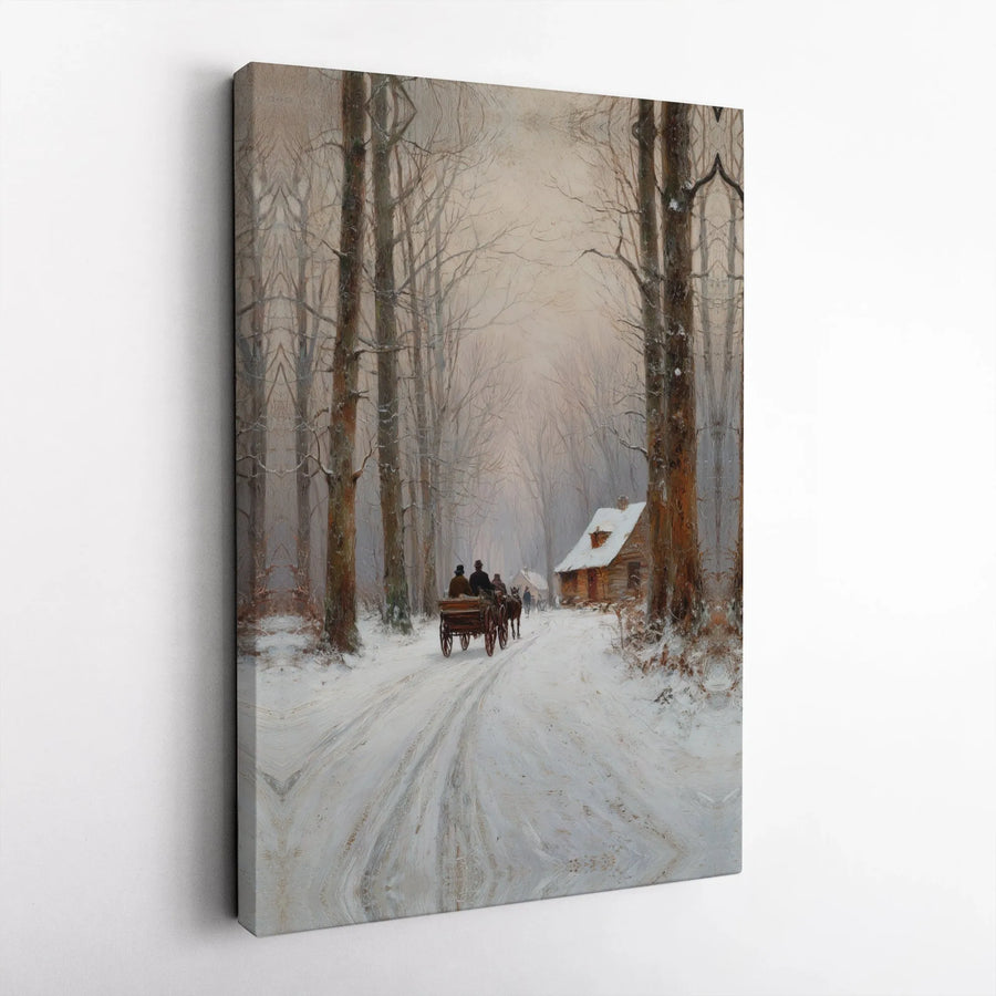 Winter Forest Canvas Art | Horse Drawn Carriage Snowy Cabin Scene | Premium Gallery Wrap Print | Festive Home Decor Wall Hanging