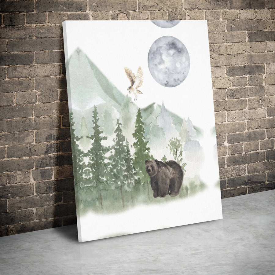 Watercolor Bear and Owl Canvas Wall Art | Misty Forest Landscape with Moons | Premium Gallery Wrapped Decor | Nature Lover Gift