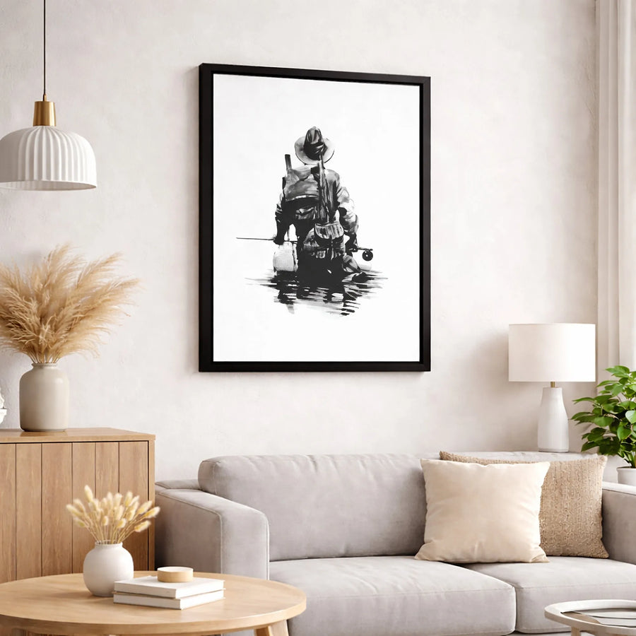 Fly Fishing Wall Art | Black and White Fisherman Canvas | Gallery Quality 1.25-Inch Profile | Nature Lover Gift for Office and Home Decor