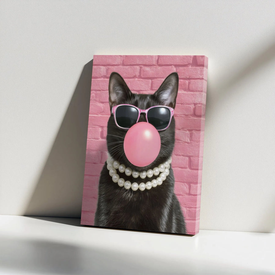 Black Cat Canvas Wall Art | Pink Sunglasses Bubble Gum Portrait | Premium Gallery Wrap Print | Whimsical Animal Decor For Cat Lovers