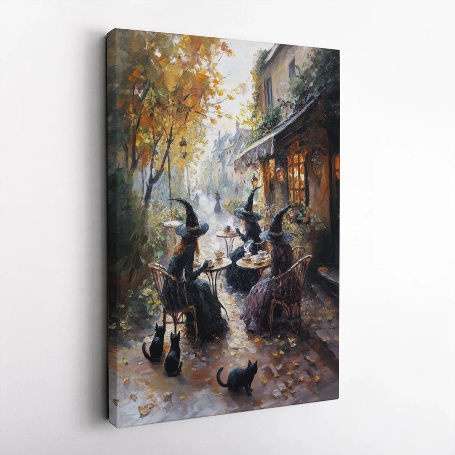 Witches Coffee Cafe Canvas Wall Art | Autumn Witch Decor with Black Cats | Premium 1.25 Inch Gallery Wrap | Spooky Halloween Home Gift
