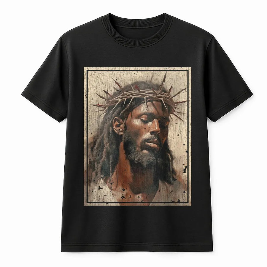 Black Jesus T-Shirt | Crown of Thorns Religious Art | Premium Cotton-Blend Pullover | Christian Faith Gift for Men and Women