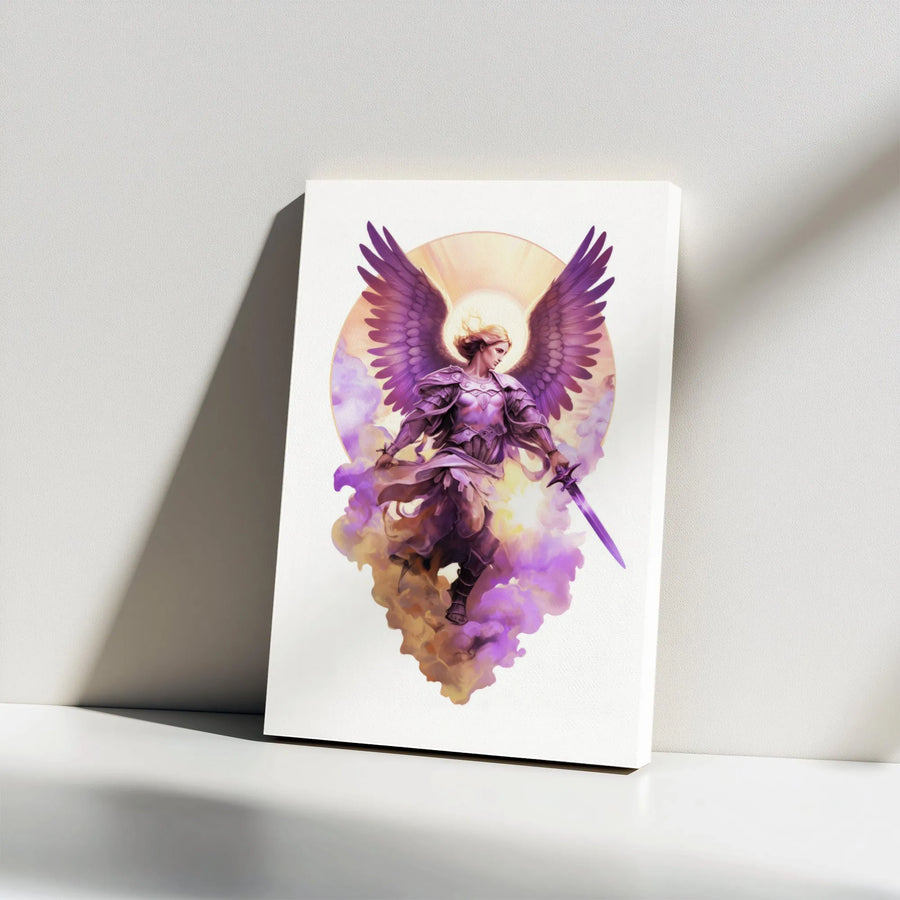 Female Archangel Wall Art | Warrior Angel With Purple Wings Canvas | Premium 1.25 Gallery Wrap | Spiritual Fantasy Home Decor Gift