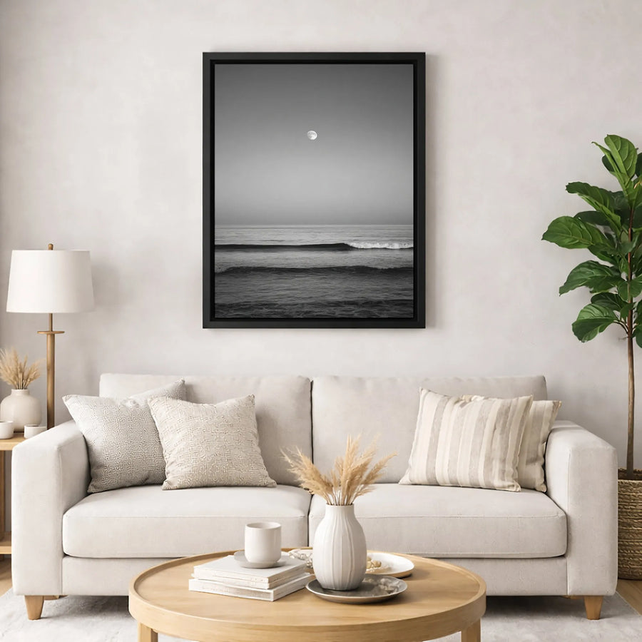 Black and White Moon Ocean Canvas Wall Art | Minimalist Seascape Night Print | Premium Gallery-Wrapped Gallery Quality | Modern Home Decor Gift