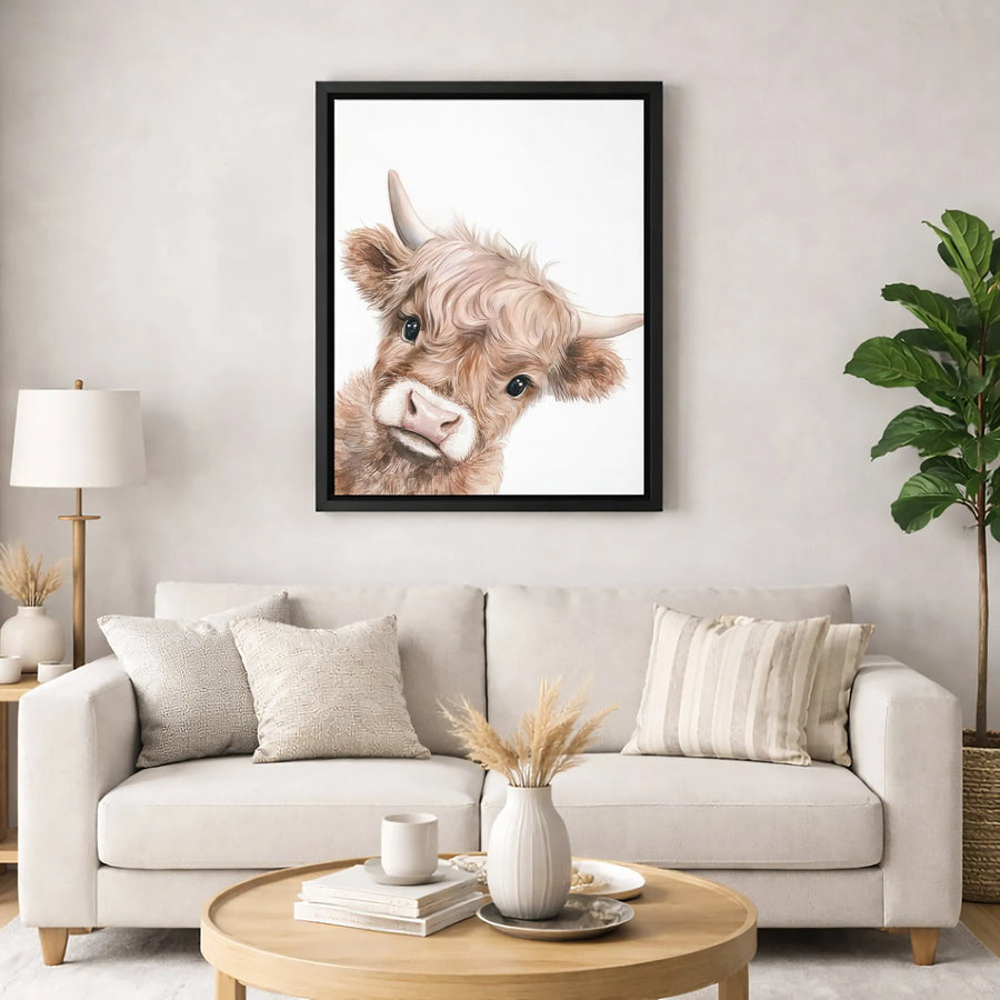 Baby Highland Cow Wall Art | Cute Watercolor Farm Animal Print | Premium 1.25" Gallery Canvas | Nursery Decor or Farmhouse Home Gift