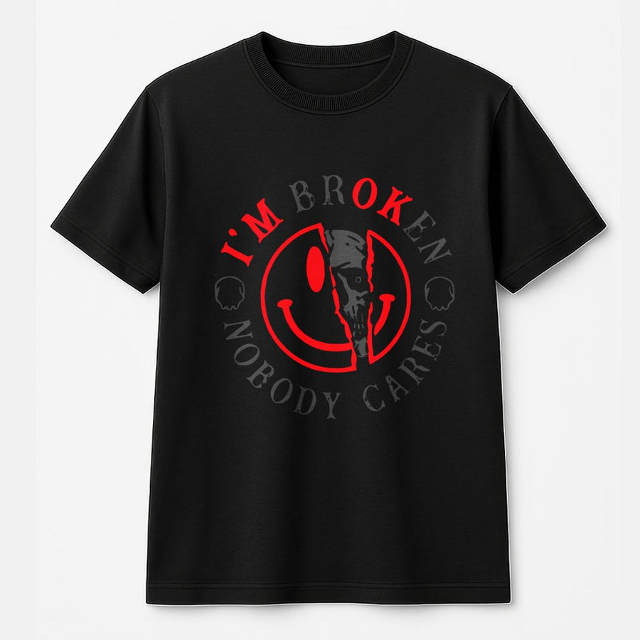 Broken Smiley Face Graphic T-Shirt | Edgy Skull Emoji Streetwear Design | Premium Soft Cotton Unisex Tee | Gift for Grunge Alternative Fans