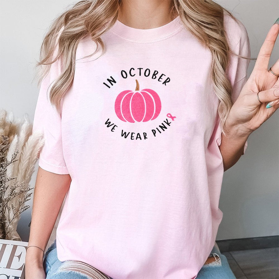 In October We Wear Pink T-Shirt | Breast Cancer Awareness Pumpkin Design | 100% Cotton Premium Tee | Support & Hope Gift For Women