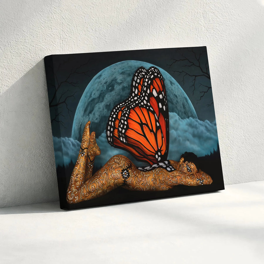 Monarch Butterfly Goddess Canvas Art | Mystical Moonlit Forest Print | Premium Gallery Wrapped Canvas | Collector's Gift for Fantasy Art Lover