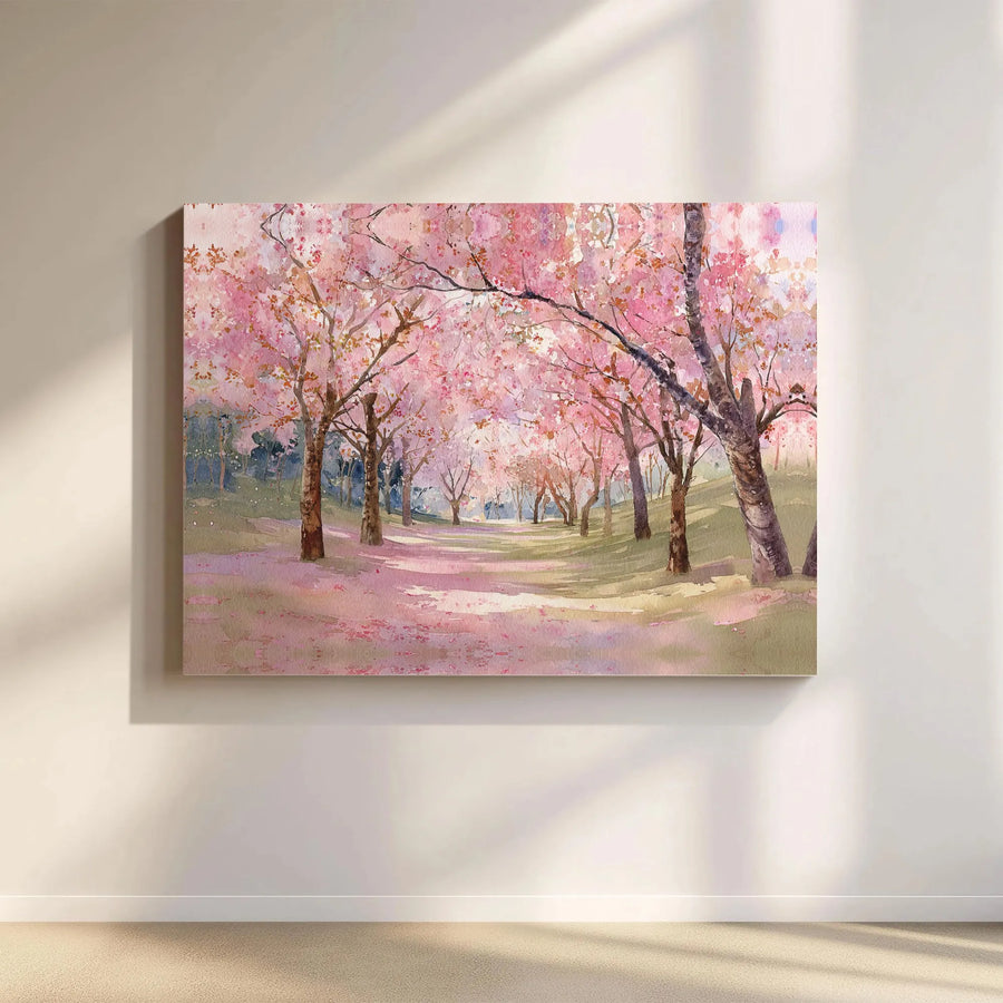 Cherry Blossom Wall Art | Watercolor Pink Spring Park Landscape | Premium Gallery Wrapped Canvas | Serene Floral Home Decor Gift