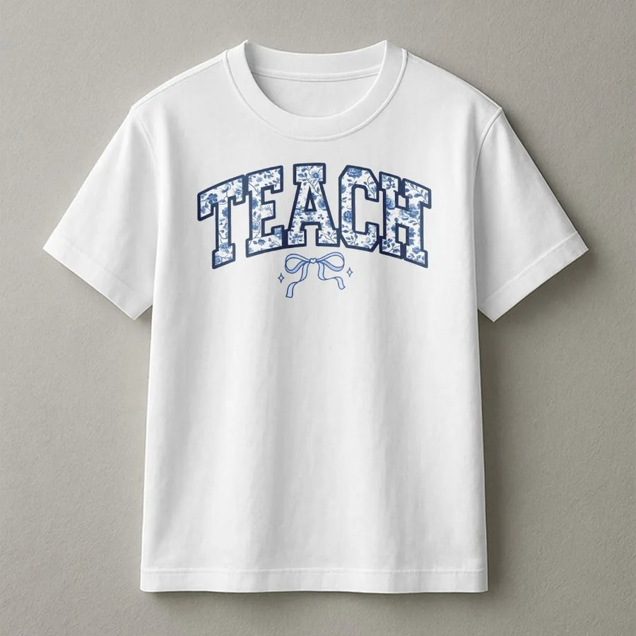 Floral Teacher T-Shirt | Blue Varsity 'Teach' Print Design | Soft Cotton Tee | Back To School Outfit & Teacher Appreciation Gift