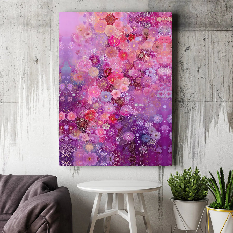 Abstract Floral Canvas Wall Art | Vibrant Pink and Purple Floral Cascade with Gold Accents | Premium Gallery Wrapped Canvas | Modern Botanical Home Decor Gift for Her