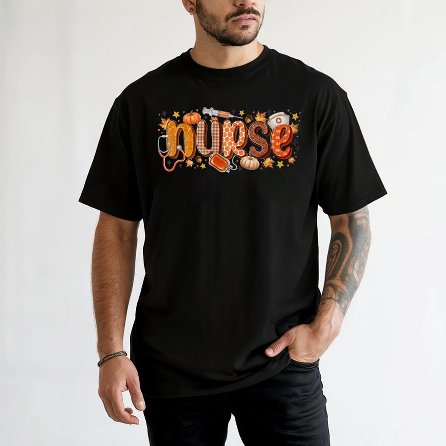 Fall Nurse T-Shirt | Pumpkin Spice Nursing Graphic Tee | 100% Cotton Premium Gift | Cute Autumn RN Appreciation Apparel for Her