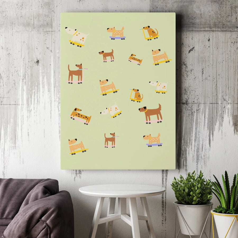 Cute Dog Wall Art | Cartoon Skateboard Puppy Pattern | Premium Gallery Wrap Canvas | Nursery Or Kids Room Decor Gift