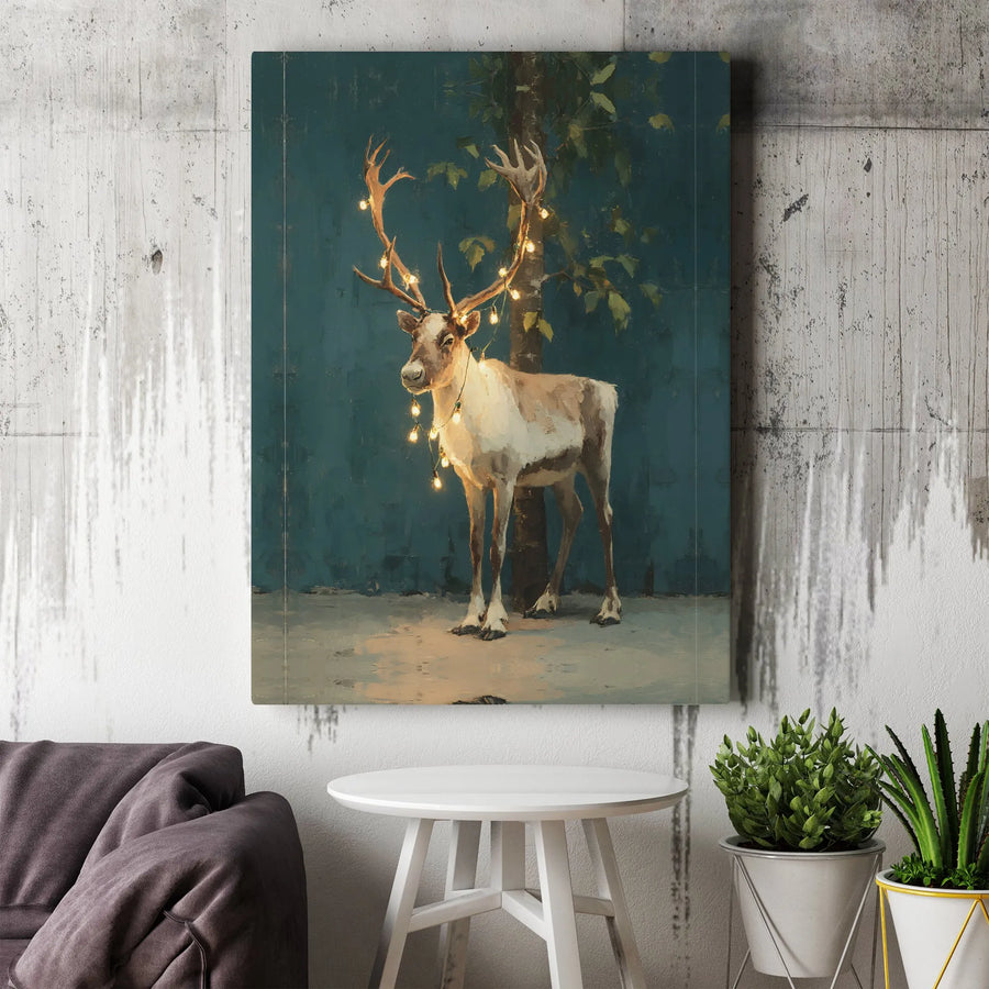 Reindeer Canvas Wall Art | Whimsical Christmas Lights Forest Decor | Premium Gallery Wrap Stretched Print | Festive Holiday Home Decor Gift