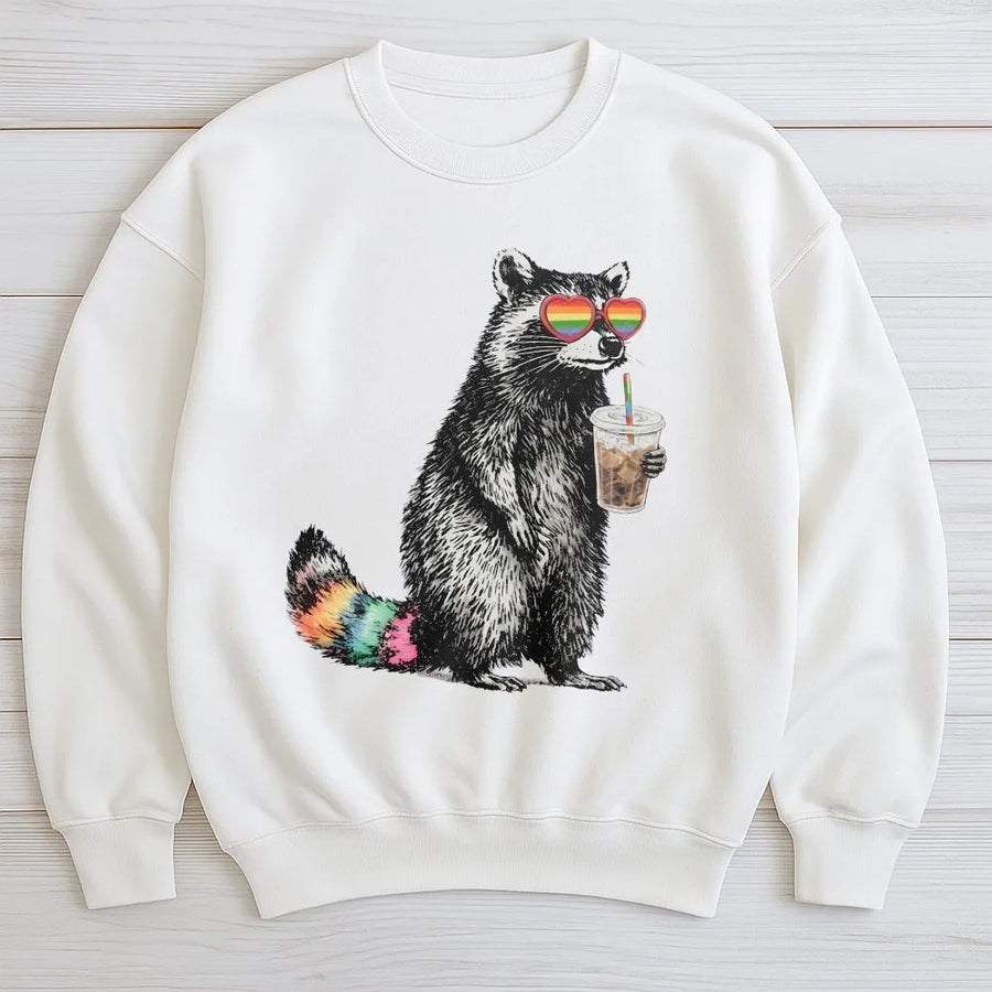 Funny Raccoon Pride Sweatshirt | Rainbow Glasses & Iced Coffee Graphic | Premium Cotton Blend | LGBTQ Pride Month Gift