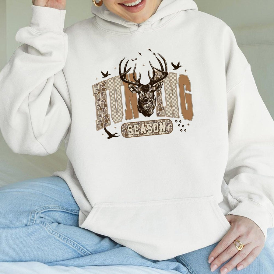 Hunting Season Hoodie | Vintage Deer Camo Graphic Print | Soft Cotton-Polyester Blend | Trendy Fall Wildlife Apparel Gift For Hunters