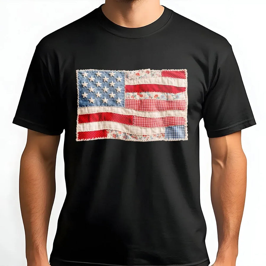 American Flag T-Shirt | Vintage Quilt Style Patchwork Print | Soft Unisex Crewneck | Patriotic Fourth of July Gift