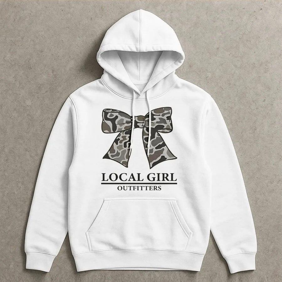 Camo Bow Hoodie | Local Girl Outfitters Graphic Design | Soft Cotton Blend | Cute Southern Style Gift For Women