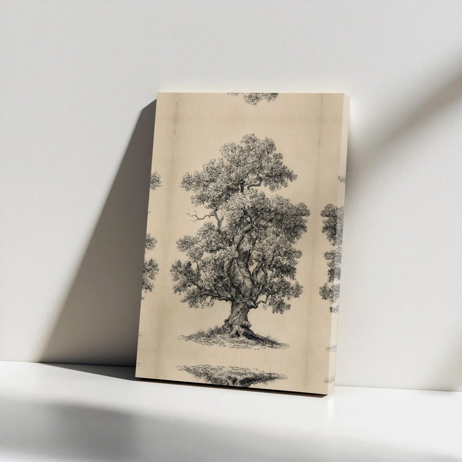 Vintage Oak Tree Canvas Wall Art | Botanical Sketch Illustration | Premium Gallery Wrap Print | Nature Inspired Home Office Decor Gift