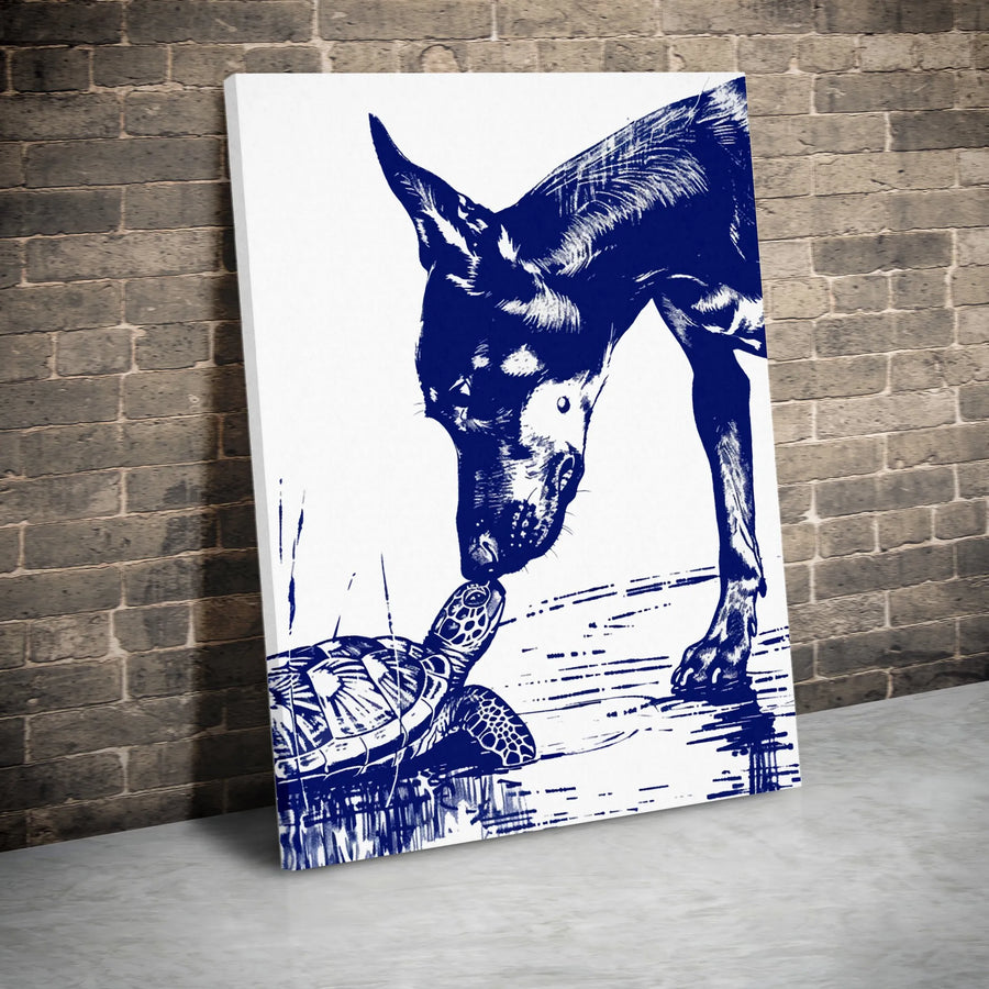 Doberman and Sea Turtle Canvas Wall Art | Whimsical Animal Nose Touch Sketch | Premium 1.25 Inch Gallery Wrap | Unique Gift for Dog Lovers