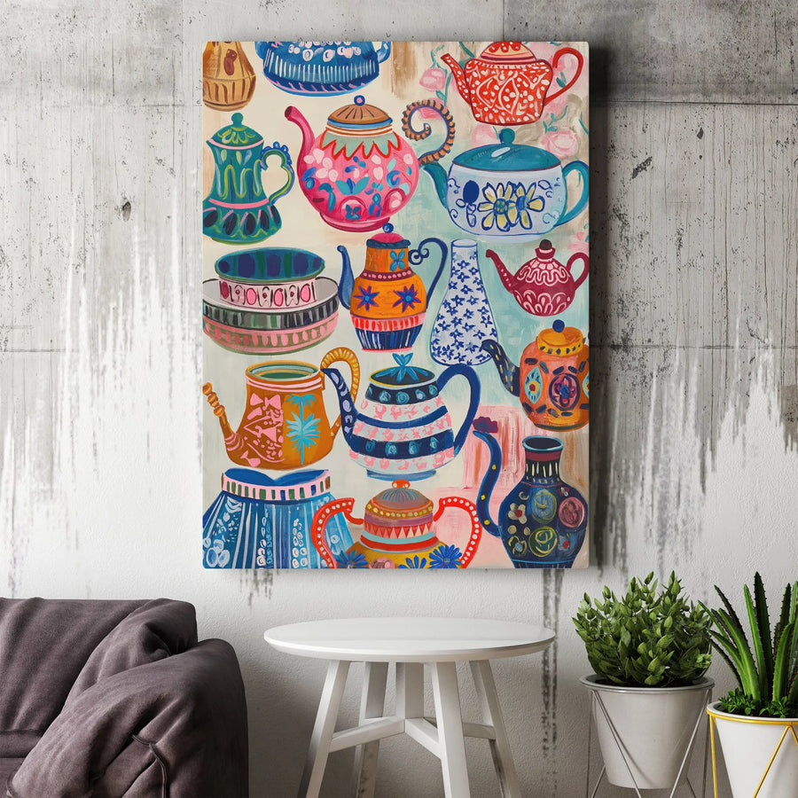 Colorful Teapots Canvas Wall Art | Whimsical Folk Art Teapot Print | Premium Gallery Wrapped Canvas | Kitchen Decor Gift for Tea Lover