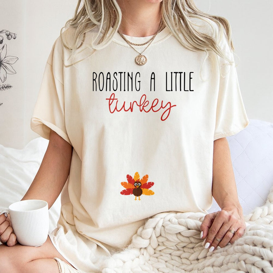 Roasting A Little Turkey Pregnancy Announcement Shirt | Funny Thanksgiving Fall Reveal | Soft Cotton Crewneck | Cute Mom To Be Gift