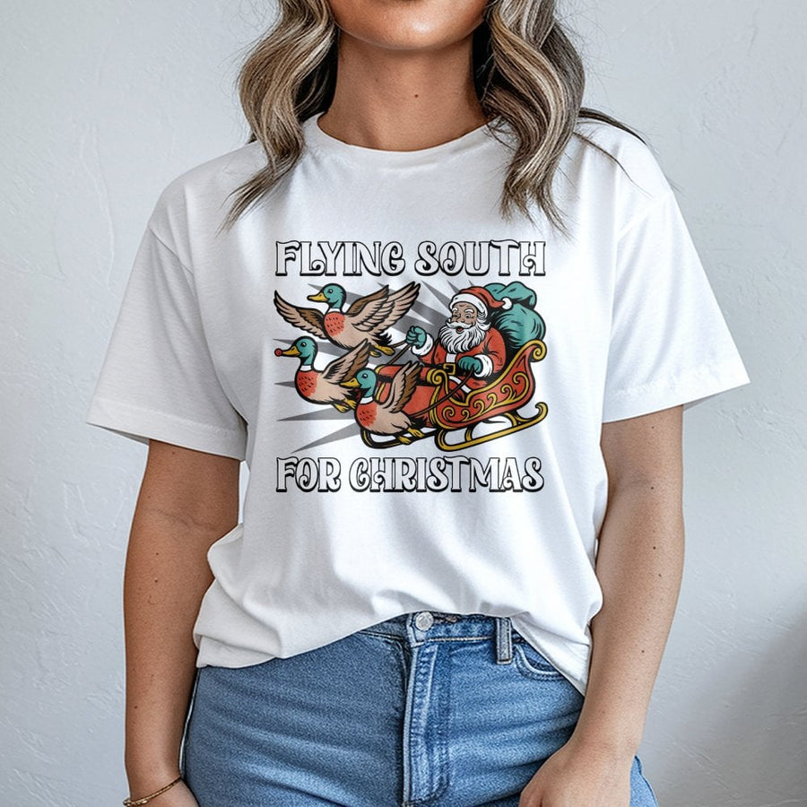 Flying South For Christmas T-Shirt | Duck Hunting Santa Graphic | Premium Soft Cotton Tee | Funny Holiday Gift for Hunters and Outdoorsmen