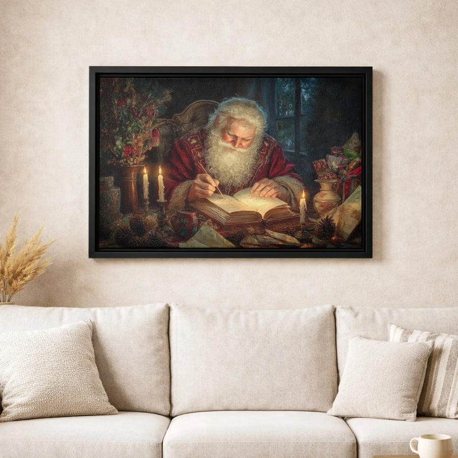 Santa Claus Writing Naughty Or Nice List | Vintage Oil Painting Style | Premium Gallery Wrap Canvas | Festive Holiday Wall Decor Gift