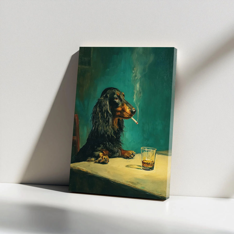 Dachshund Smoking Canvas Print | Vintage Painting Style Whiskey Drinking Dog | Premium Thick Gallery Wrap | Unique Bar Cart Art & Gift for Dachshund Owner