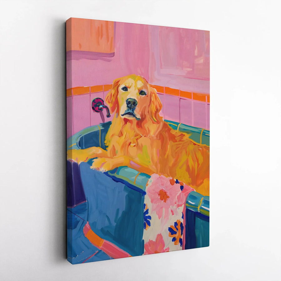 Golden Retriever in Bathtub Canvas | Vibrant Pop Art Dog Painting | Thick Gallery Wrapped Print | Unique Gift for Dog Mom, Bathroom Wall Decor