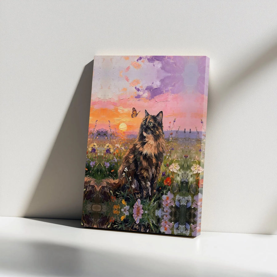 Tortoiseshell Cat Canvas Print | Impressionist Wildflower Meadow Art | Thick Gallery Wrap Canvas | Premium Gift for Cat Lover