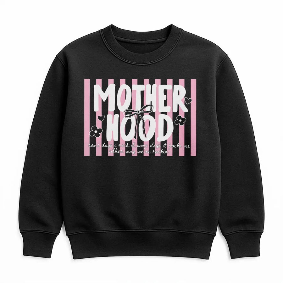 Motherhood Sweatshirt | Trendy Pink Striped Preppy Graphic | Soft Cotton Blend Pullover | Mothers Day Gift for New Mom