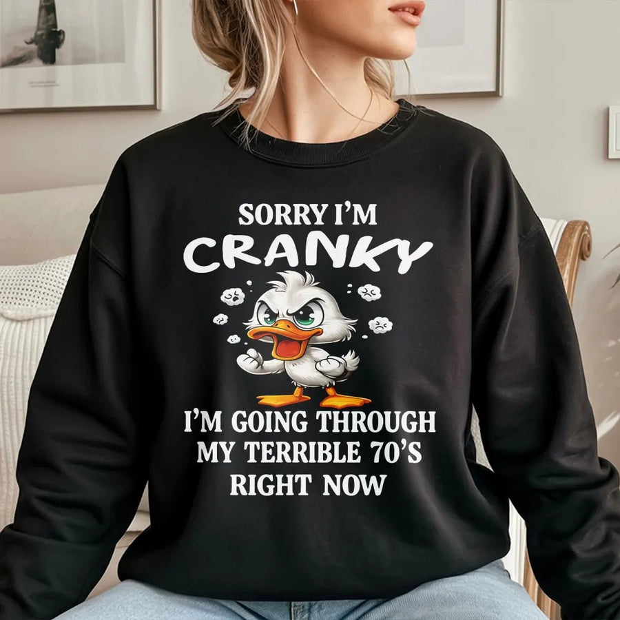 Cranky Duck Sweatshirt | Funny Terrible 70s Humor Graphic | Premium Cotton Blend Crewneck | Birthday Gift Idea for Men and Women