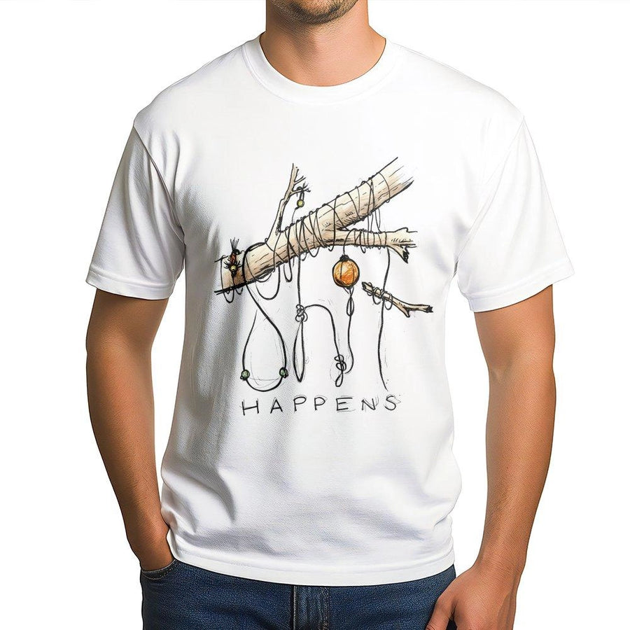 Fishing T-Shirt S#!T Happens | Funny Tangled Line Graphic Design | Premium Soft Cotton Unisex Tee | Gift for Fishermen & Outdoor Enthusiasts
