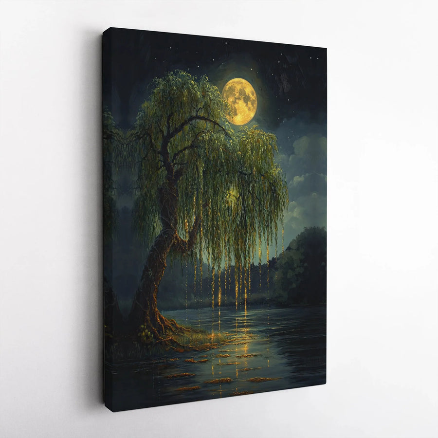 Weeping Willow Canvas Wall Art | Moonlight Forest Lake Landscape | Premium Gallery Wrapped Decor | Enchanted Nature Print for Home Office