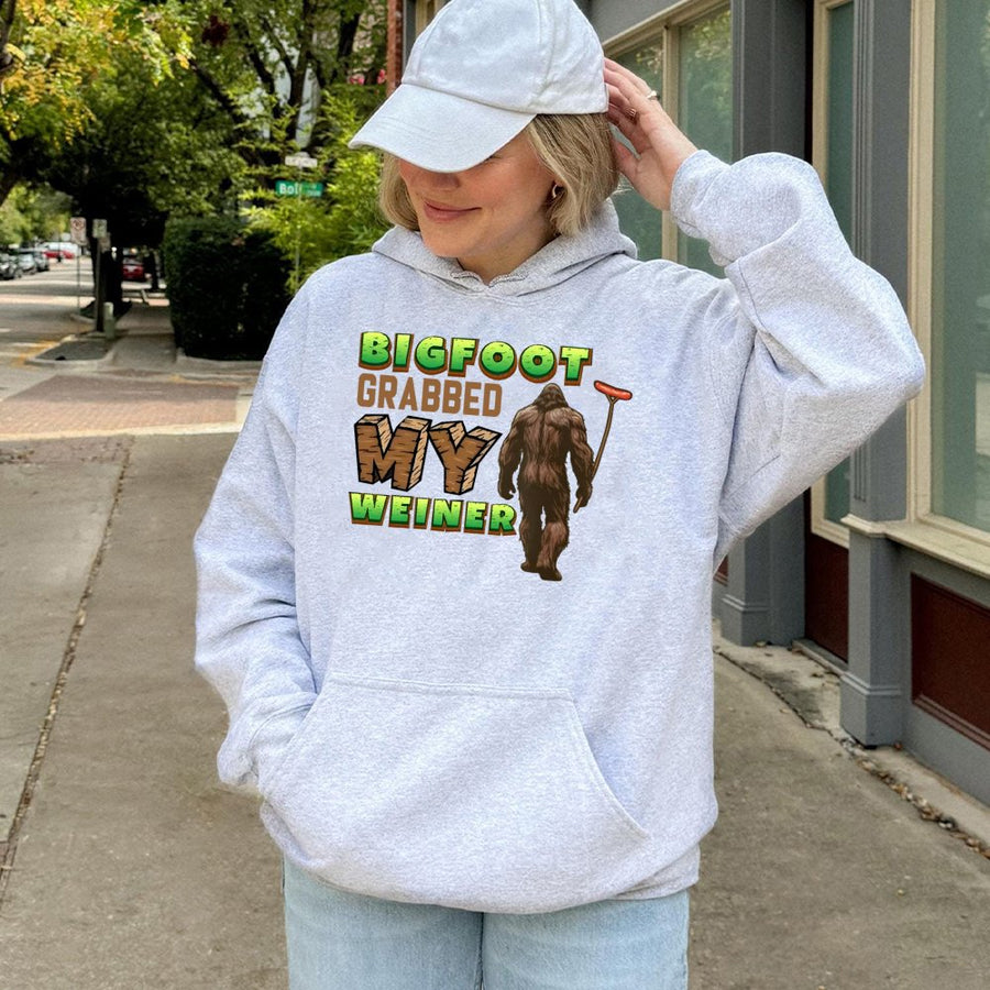 Bigfoot Grabbed My Weiner Hoodie | Funny Sasquatch BBQ Camping Graphic | Cotton Blend Premium Pullover | Gag Gift For Outdoorsy Men And Women