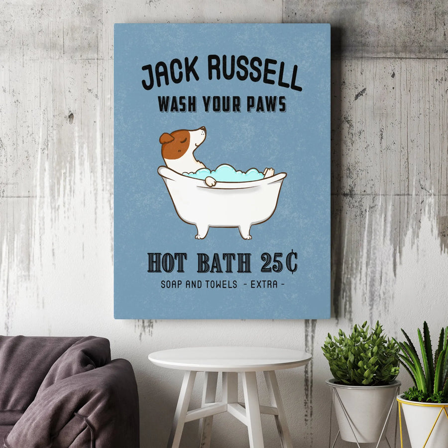 Jack Russell Terrier Wall Art | Wash Your Paws Bathtub Dog Print | Premium 1.25" Gallery Canvas | Cute Bathroom Decor Gift For Dog Lovers
