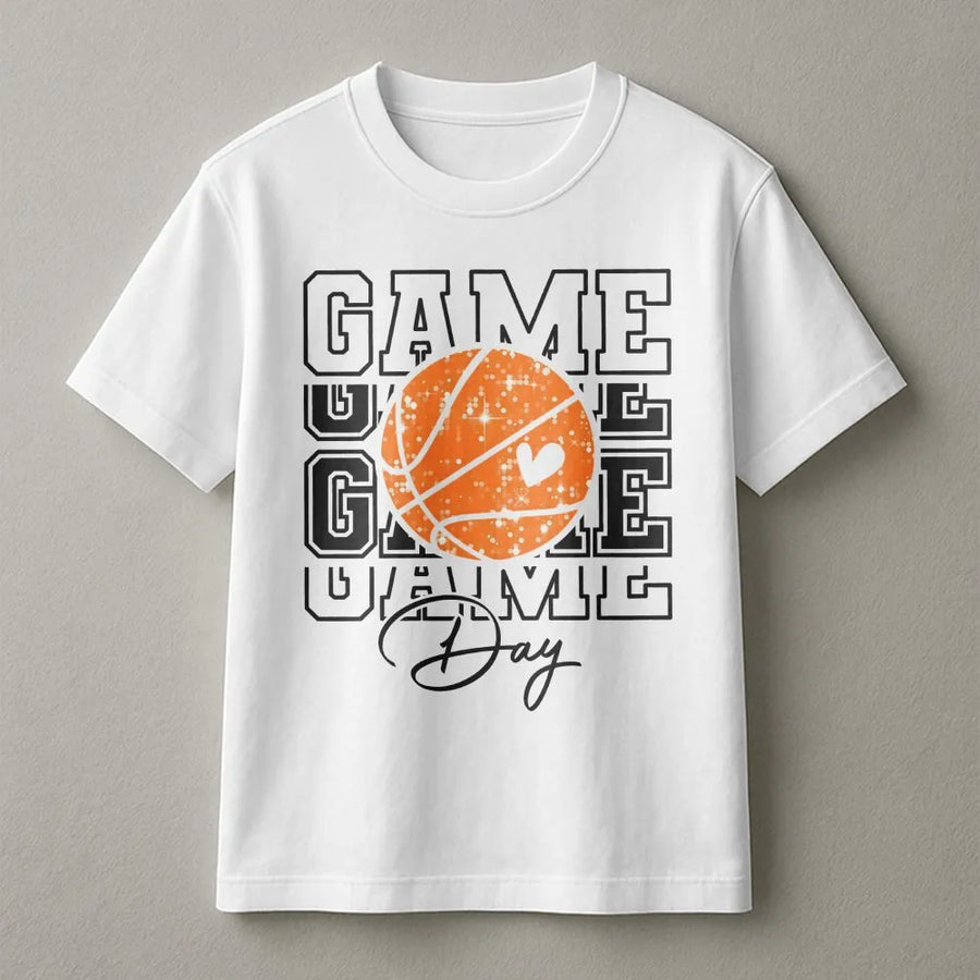 Basketball Game Day T-Shirt | Heart Print Graphic Tee | Premium 100% Cotton | Stylish Gift for Basketball Moms and Sports Fans