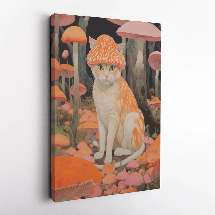 Whimsical Mushroom Cat Canvas Art | Cute Cottagecore Wall Decor | Gallery-Wrapped Premium Print | Nature-Inspired Animal Gift for Cat Lovers