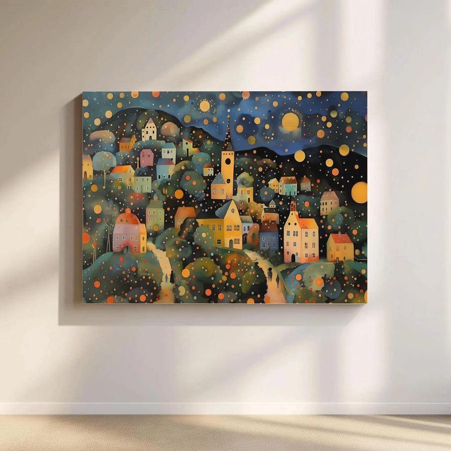 Whimsical Village Canvas Wall Art | Colorful Night Town Landscape | Premium Gallery Wrap 1.25" Frame | Enchanting Home Decor Gift