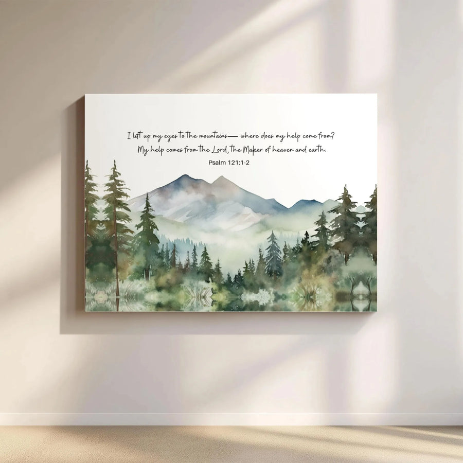 Psalm 121:1-2 Canvas Wall Art | Watercolor Mountain Landscape Print | Premium 1.25" Gallery Wrap | Christian Home Decor Gift