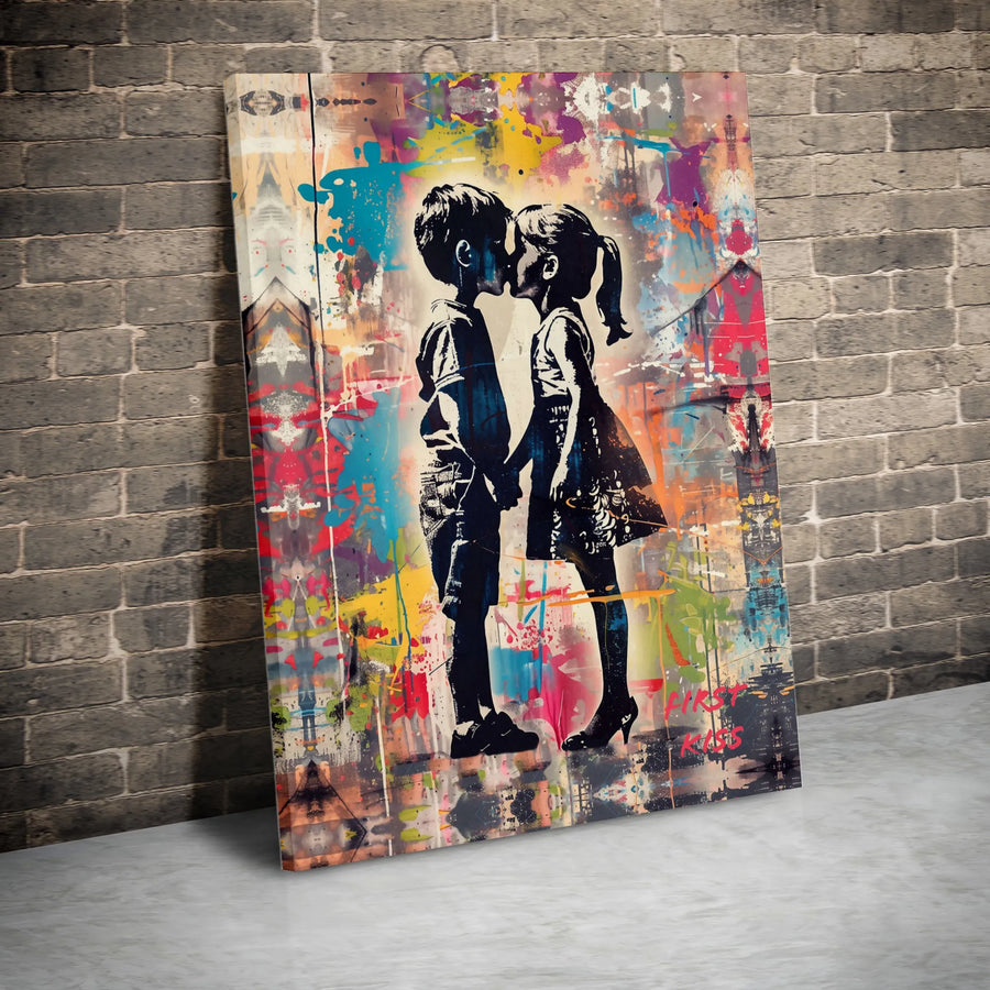 First Kiss Canvas Wall Art | Urban Abstract Couple Graffiti Print | Premium 1.25-Inch Gallery Wrap | Romantic Home Decor Gift