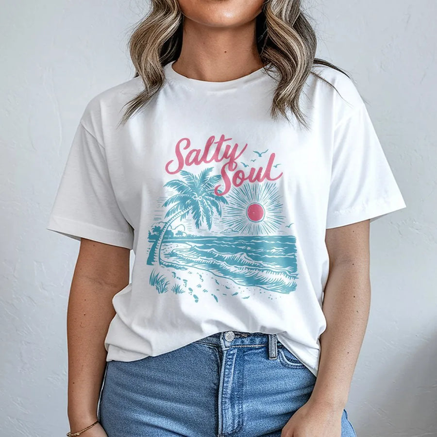 Salty Soul T-Shirt | Retro Summer Beach Graphic | Premium Cotton Blend Pullover | Tropical Vacation Gift for Beach Lovers